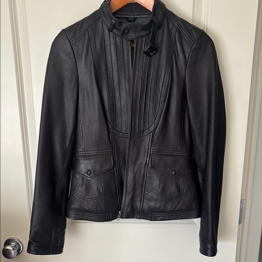 Mackage Black Leather Moto Jacket with Stand-Up Collar